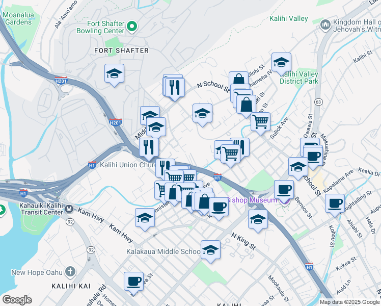 map of restaurants, bars, coffee shops, grocery stores, and more near 1218 Richard Lane in Honolulu