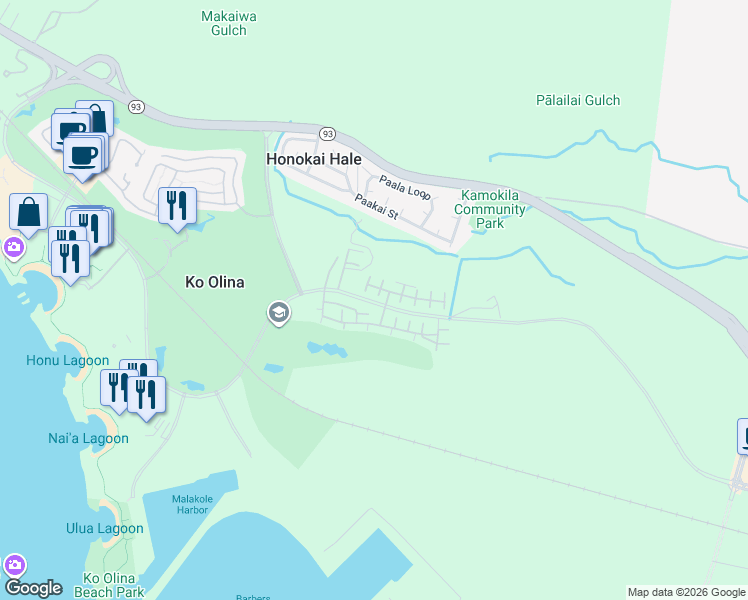 map of restaurants, bars, coffee shops, grocery stores, and more near 92-1526 Aliinui Drive in Kapolei