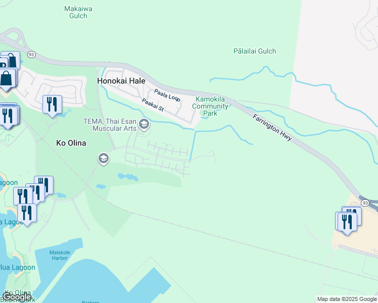 map of restaurants, bars, coffee shops, grocery stores, and more near 92-1553 Ali'Inui Drive in Kapolei