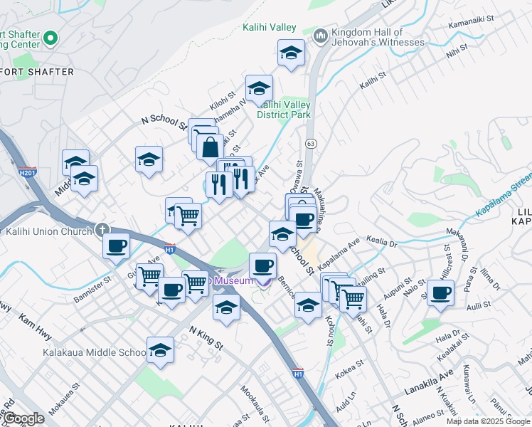 map of restaurants, bars, coffee shops, grocery stores, and more near 1611 Leilani Street in Honolulu