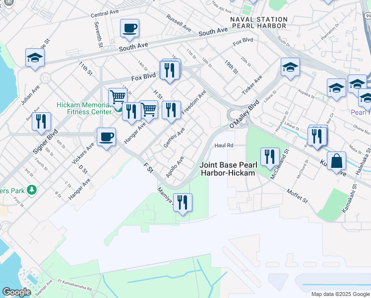 map of restaurants, bars, coffee shops, grocery stores, and more near Kauwenaole Alley in Honolulu