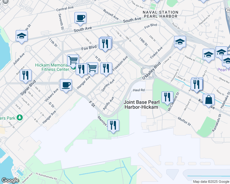 map of restaurants, bars, coffee shops, grocery stores, and more near Apollo Avenue in Honolulu