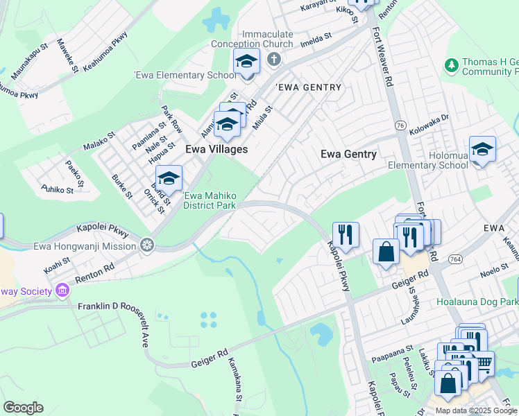 map of restaurants, bars, coffee shops, grocery stores, and more near 91-572 Puhilaka Place in Ewa Beach