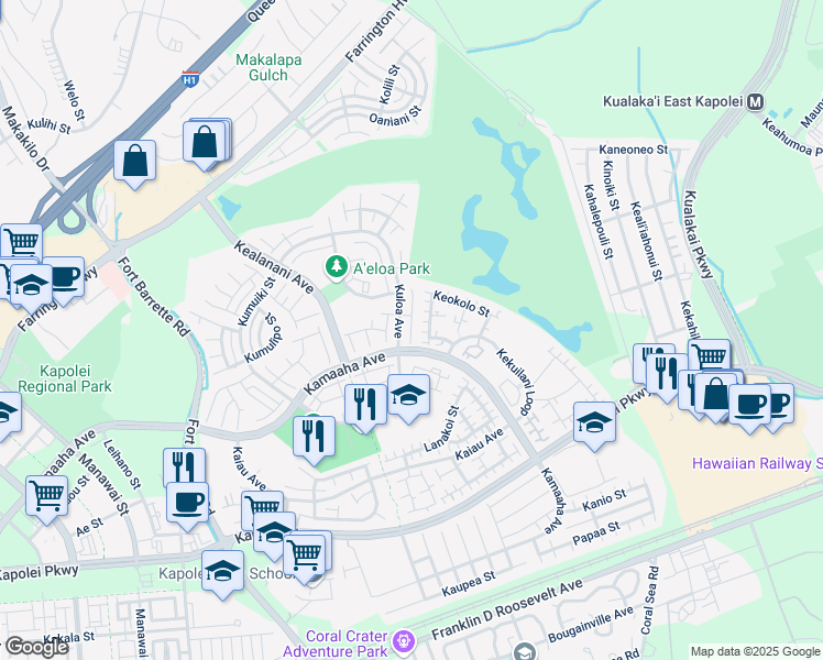 map of restaurants, bars, coffee shops, grocery stores, and more near 91-1227 Kamaaha Avenue in Kapolei