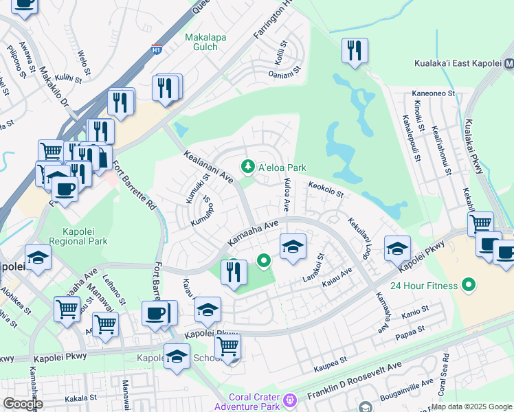 map of restaurants, bars, coffee shops, grocery stores, and more near 91-1045 Hokupa Street in Kapolei