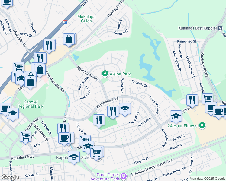 map of restaurants, bars, coffee shops, grocery stores, and more near Hokupa Street in Kapolei