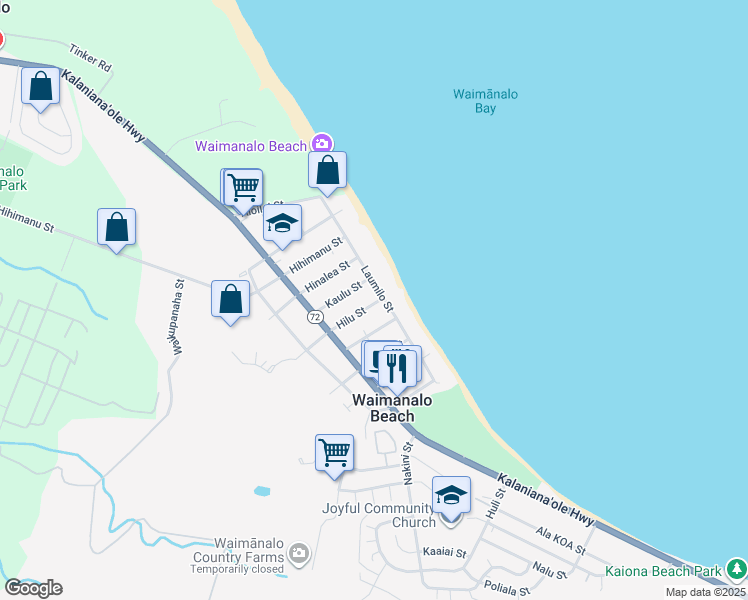 map of restaurants, bars, coffee shops, grocery stores, and more near 41-921 Laumilo Street in Waimanalo