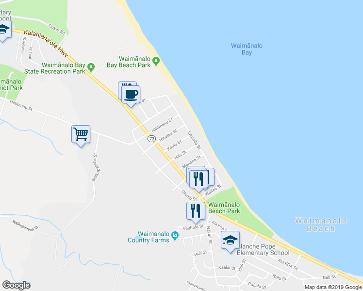 map of restaurants, bars, coffee shops, grocery stores, and more near 41-28 Kaulu Street in Waimanalo