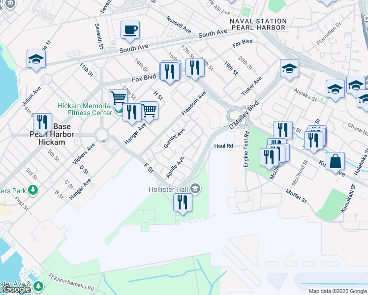 map of restaurants, bars, coffee shops, grocery stores, and more near Kauwenaole Alley in Honolulu