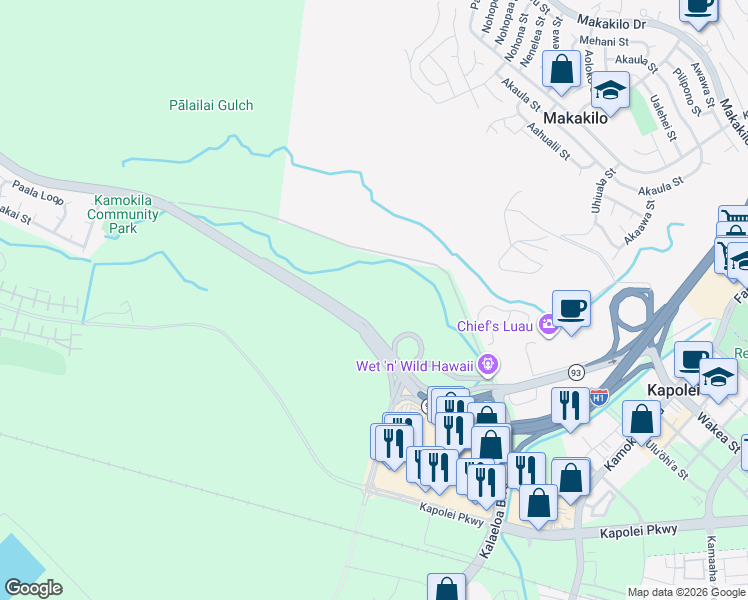 map of restaurants, bars, coffee shops, grocery stores, and more near 91-101 Farrington Highway in Kapolei