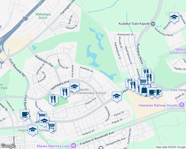 map of restaurants, bars, coffee shops, grocery stores, and more near 91-1070D Keokolo Street in Kapolei