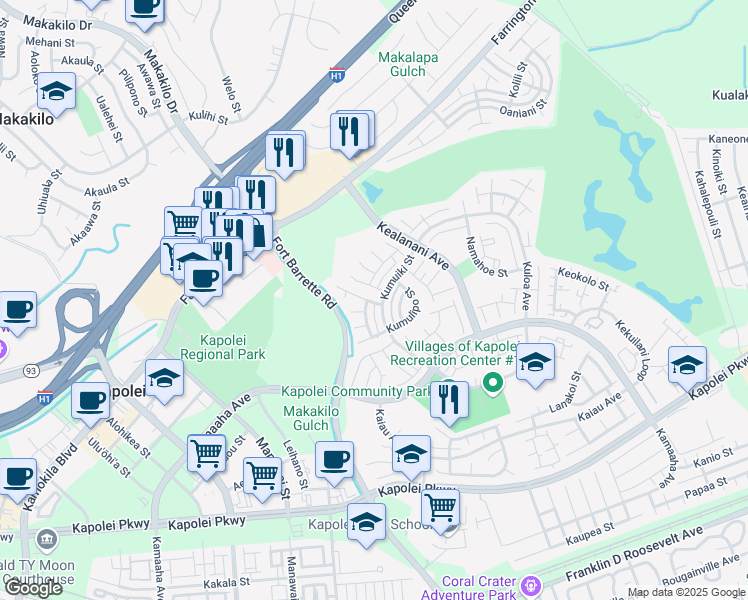 map of restaurants, bars, coffee shops, grocery stores, and more near 91-1013 Akolo Street in Kapolei