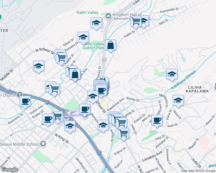 map of restaurants, bars, coffee shops, grocery stores, and more near 1813 Makuahine Place in Honolulu
