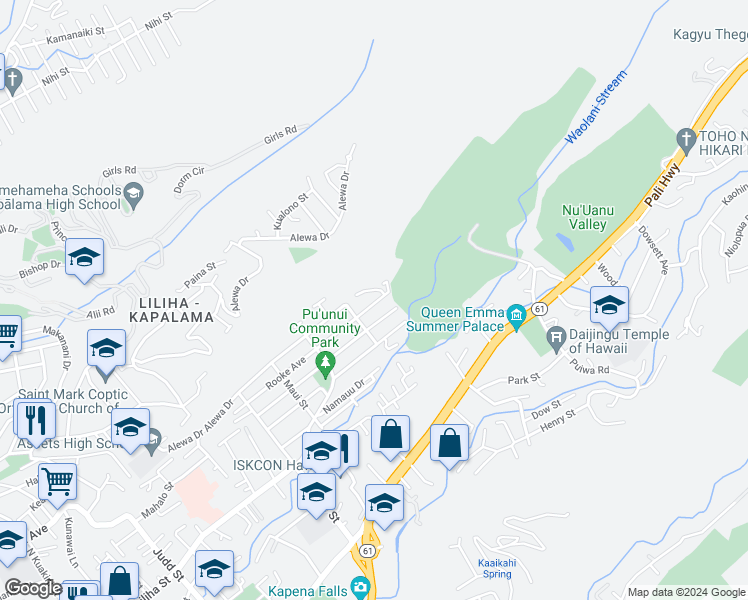 map of restaurants, bars, coffee shops, grocery stores, and more near 2745 Rooke Avenue in Honolulu