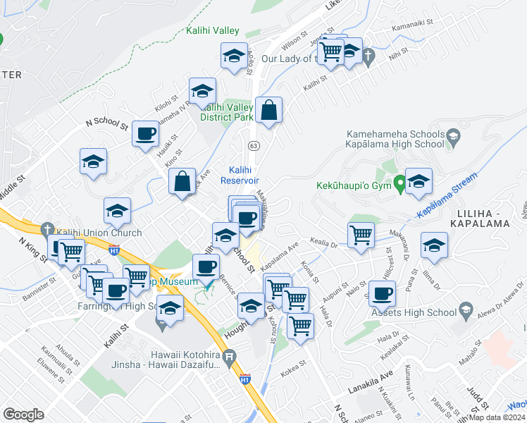 map of restaurants, bars, coffee shops, grocery stores, and more near 1813 Makuahine Place in Honolulu