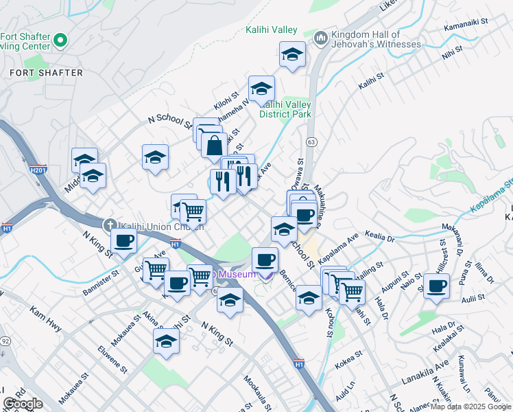 map of restaurants, bars, coffee shops, grocery stores, and more near 1611 Leilani Street in Honolulu