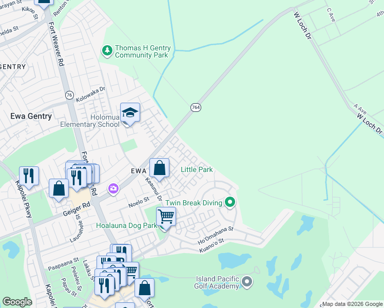 map of restaurants, bars, coffee shops, grocery stores, and more near 91-404 Makalea Street in Ewa Beach
