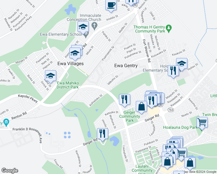 map of restaurants, bars, coffee shops, grocery stores, and more near 91-1014 Mikohu Street in Ewa Beach
