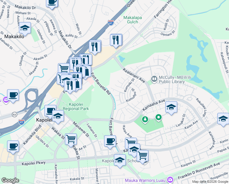 map of restaurants, bars, coffee shops, grocery stores, and more near 91-202 Akolo Place in Kapolei