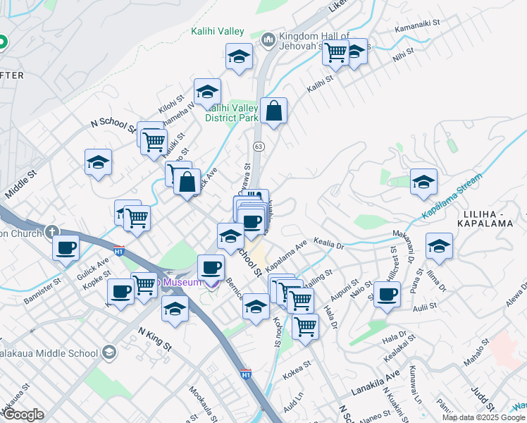 map of restaurants, bars, coffee shops, grocery stores, and more near 1813 Makuahine Place in Honolulu