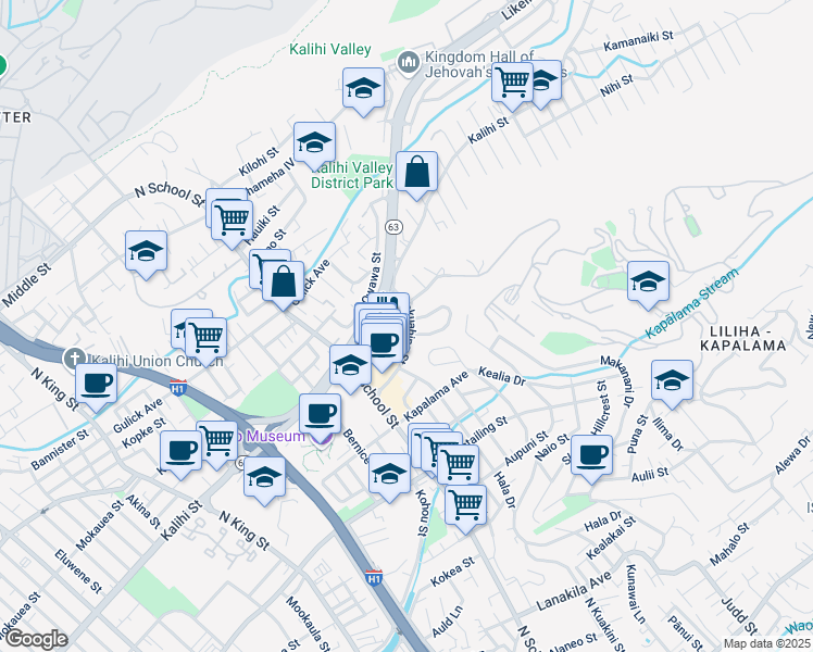 map of restaurants, bars, coffee shops, grocery stores, and more near 1808 Makuahine Street in Honolulu