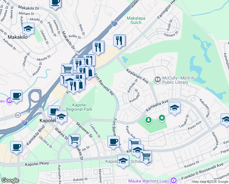 map of restaurants, bars, coffee shops, grocery stores, and more near 91-202 Akolo Place in Kapolei
