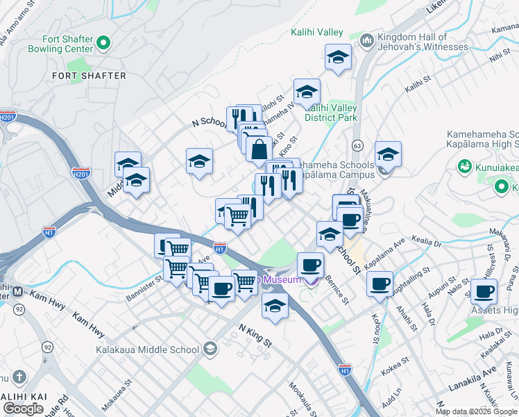 map of restaurants, bars, coffee shops, grocery stores, and more near 1430 Gulick Avenue in Honolulu