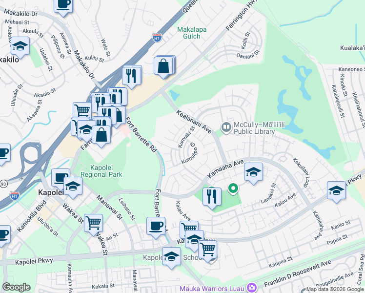 map of restaurants, bars, coffee shops, grocery stores, and more near 91-1013 Akolo Street in Kapolei