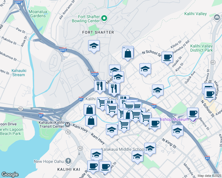 map of restaurants, bars, coffee shops, grocery stores, and more near 1025B Horner Street in Honolulu