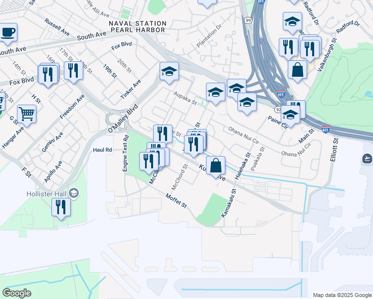 map of restaurants, bars, coffee shops, grocery stores, and more near 179 Kokomalei Street in Honolulu