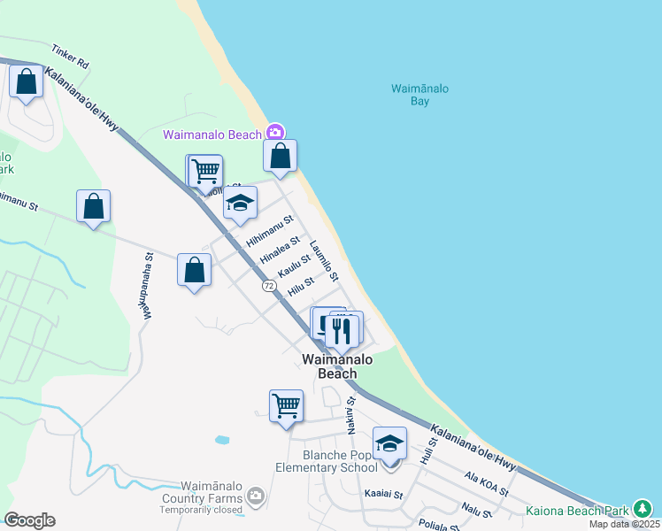 map of restaurants, bars, coffee shops, grocery stores, and more near 41-921 Laumilo Street in Waimanalo