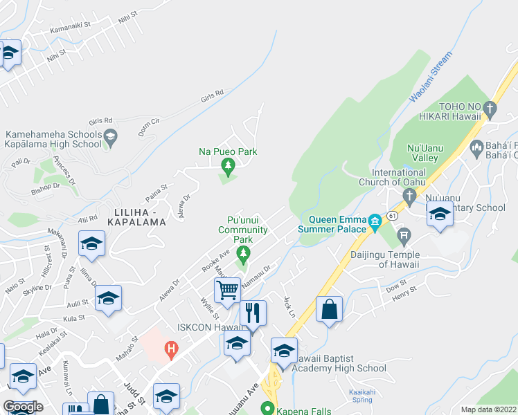 map of restaurants, bars, coffee shops, grocery stores, and more near 746 Hawaii Street in Honolulu