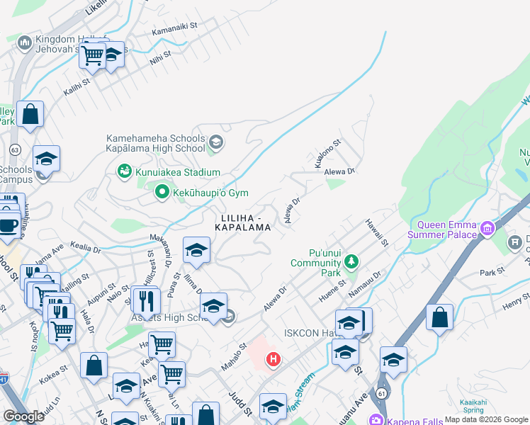 map of restaurants, bars, coffee shops, grocery stores, and more near 1433 Mamalu Street in Honolulu