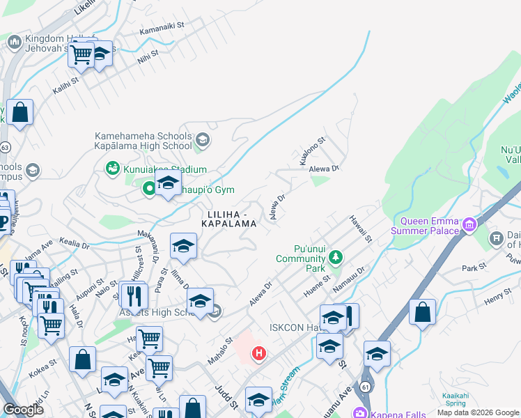 map of restaurants, bars, coffee shops, grocery stores, and more near 1433 Mamalu Street in Honolulu