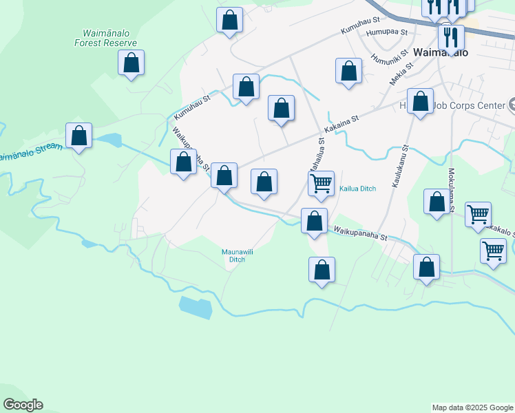 map of restaurants, bars, coffee shops, grocery stores, and more near 41-821 Waikupanaha Street in Waimanalo