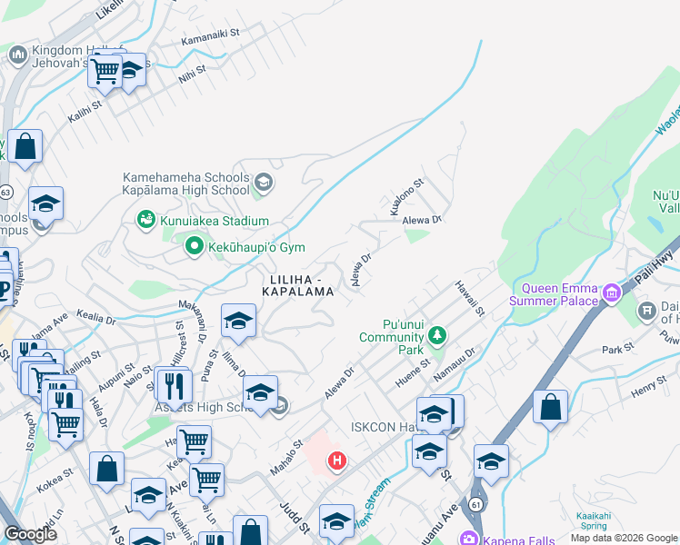map of restaurants, bars, coffee shops, grocery stores, and more near 1433 Mamalu Street in Honolulu