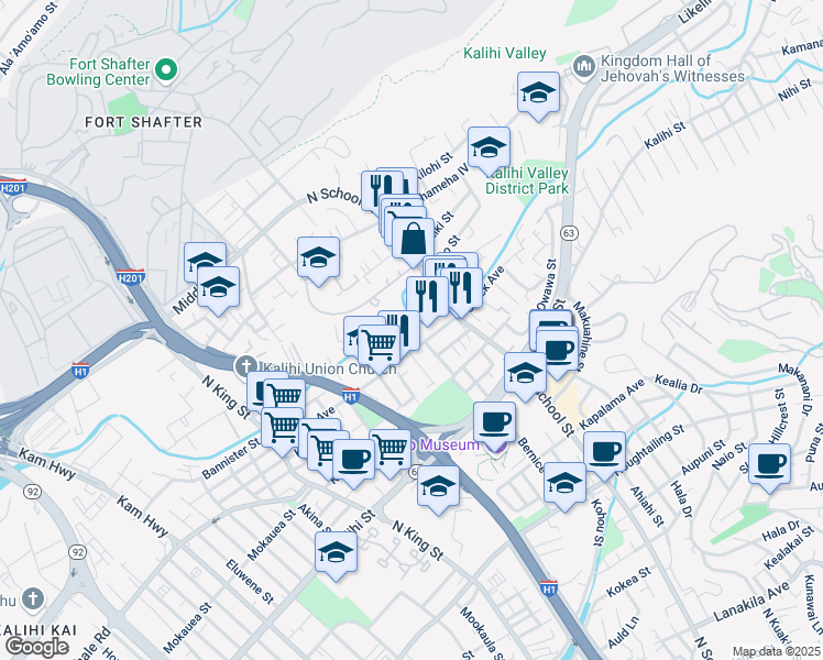 map of restaurants, bars, coffee shops, grocery stores, and more near 1430 Gulick Avenue in Honolulu
