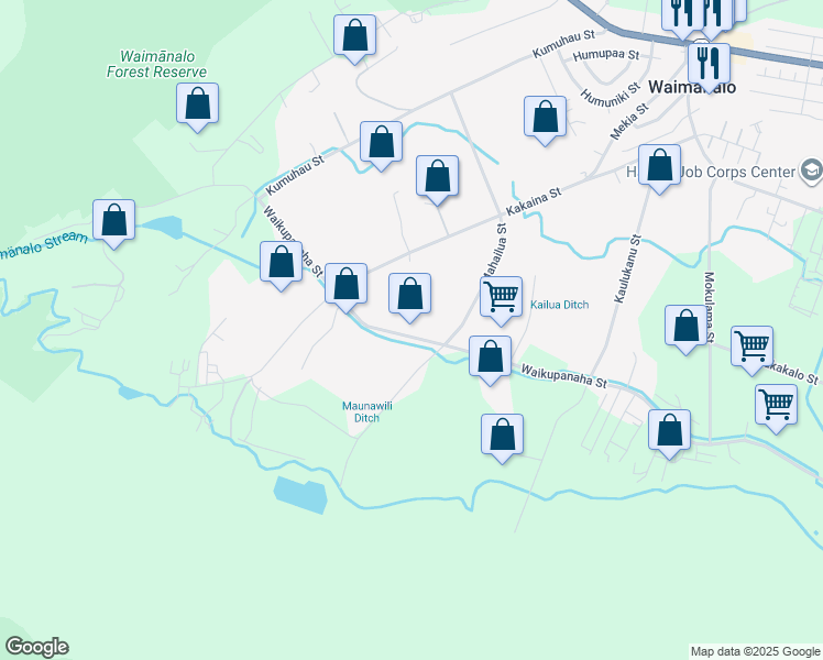 map of restaurants, bars, coffee shops, grocery stores, and more near 41-821 Waikupanaha Street in Waimanalo