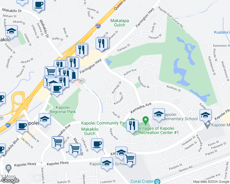 map of restaurants, bars, coffee shops, grocery stores, and more near 91-1147 Kumuiki Street in Kapolei