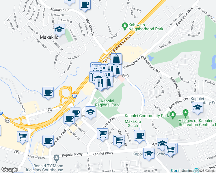map of restaurants, bars, coffee shops, grocery stores, and more near 563 Farrington Highway in Kapolei