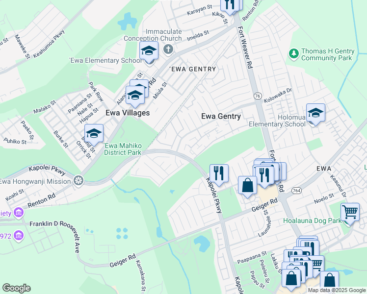 map of restaurants, bars, coffee shops, grocery stores, and more near 91-1020 Mikohu Street in Ewa Beach