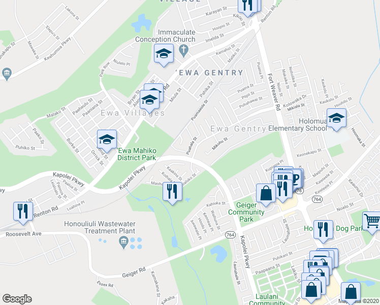 map of restaurants, bars, coffee shops, grocery stores, and more near 91-925 Puahala Street in Ewa Beach
