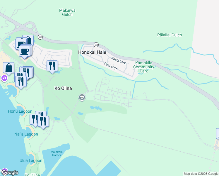 map of restaurants, bars, coffee shops, grocery stores, and more near 92-1492 Ali'inui Drive in Kapolei