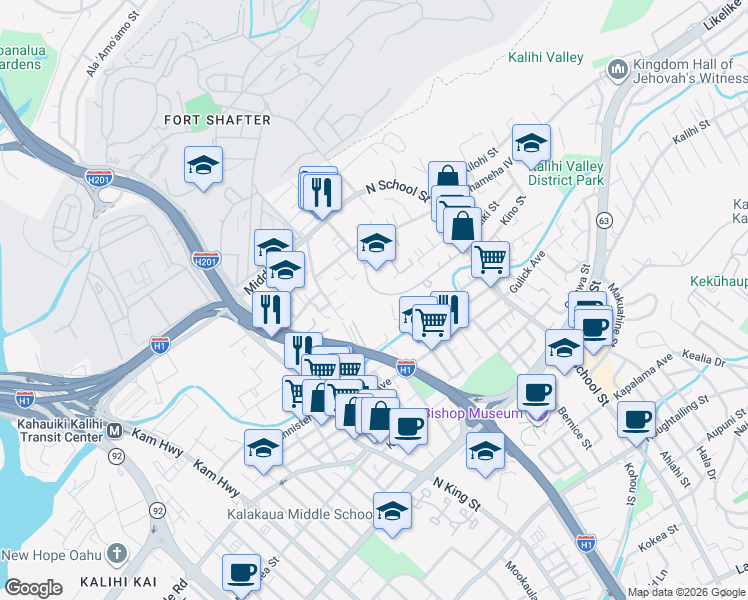 map of restaurants, bars, coffee shops, grocery stores, and more near 1475 Linapuni Street in Honolulu