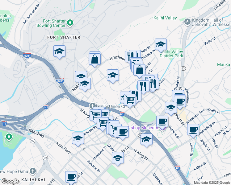 map of restaurants, bars, coffee shops, grocery stores, and more near 1485 Linapuni Street in Honolulu