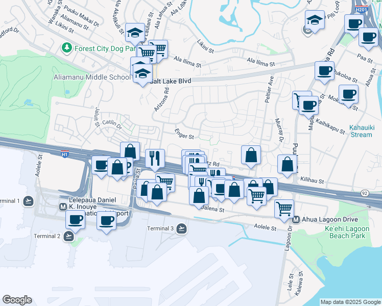 map of restaurants, bars, coffee shops, grocery stores, and more near 6890 Nimitz Road in Honolulu