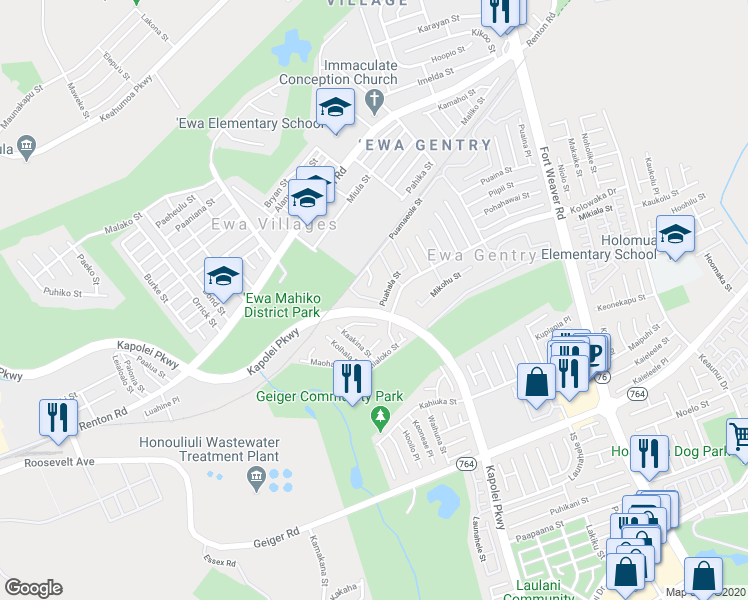 map of restaurants, bars, coffee shops, grocery stores, and more near 91-905 Puahala Street in Ewa Beach