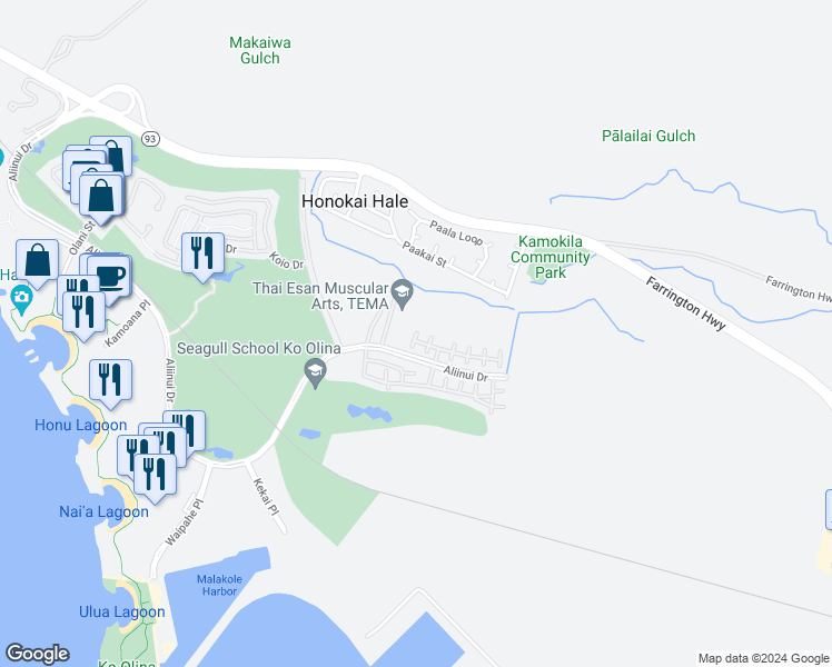 map of restaurants, bars, coffee shops, grocery stores, and more near 92-1498 Ali'inui Drive in Kapolei
