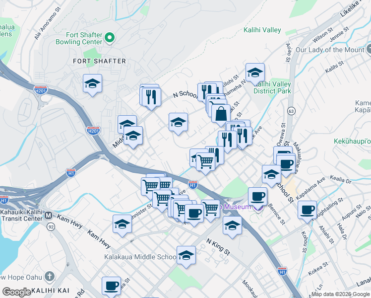 map of restaurants, bars, coffee shops, grocery stores, and more near 1485 Linapuni Street in Honolulu