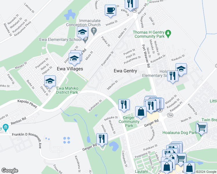 map of restaurants, bars, coffee shops, grocery stores, and more near 91-1014 Mikohu Street in Ewa Beach